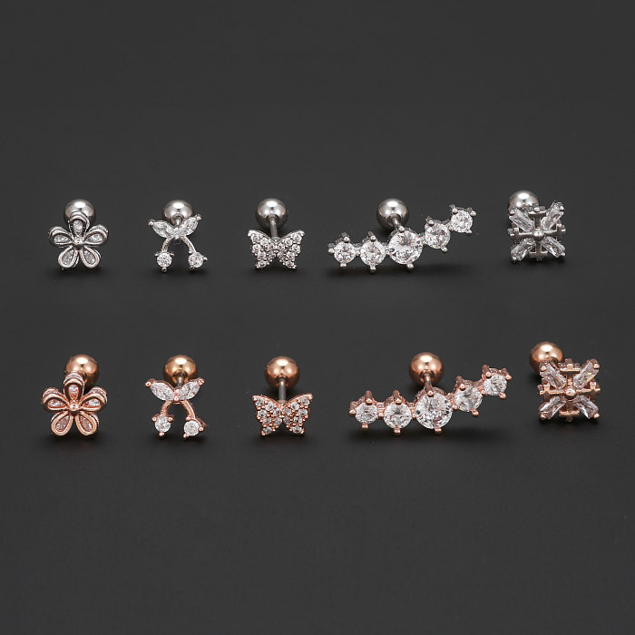 1 Piece IG Style Simple Style Geometric Flower Butterfly Plating Inlay Brass Zircon 18K Gold Plated White Gold Plated Ear Studs