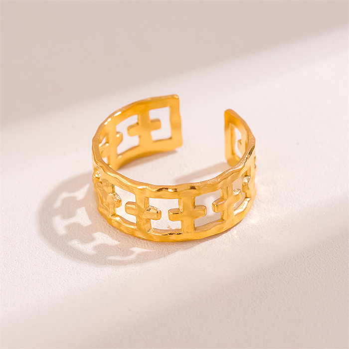 Casual Streetwear Cross Round Stainless Steel Plating 18K Gold Plated Open Rings