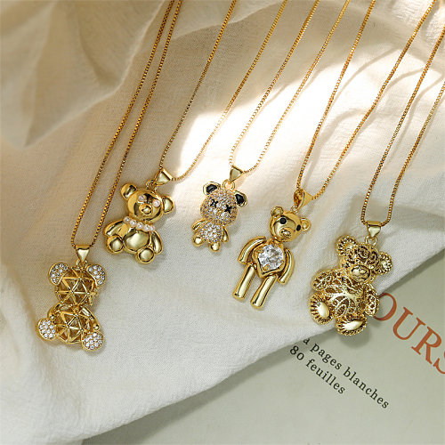 IG Style Simple Style Little Bear Kupferplattierung Inlay Zirkon vergoldet Anhänger Halskette