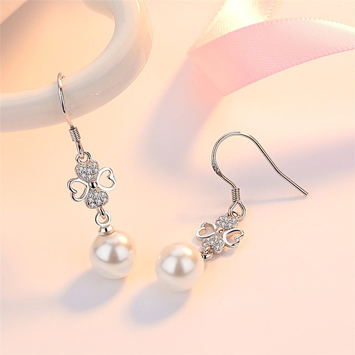 1 Pair IG Style Simple Style Four Leaf Clover Heart Shape Plating Hollow Out Inlay Copper Pearl Zircon White Gold Plated Drop Earrings