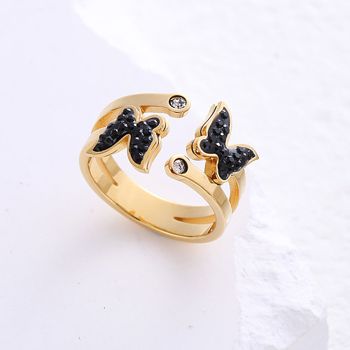 Estilo simples comute borboleta incrustada de aço inoxidável strass anéis banhados a ouro 24K