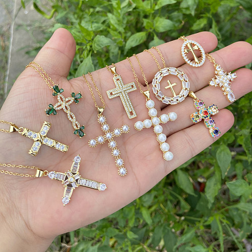 Halskette mit Kreuz-Anhänger im Vintage-Stil, oval, Edelstahl, Kupfer, künstliche Perlen, Zirkon, in großen Mengen