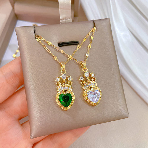 Elegant Glam Heart Shape Crown Titanium Steel Copper Inlay Zircon Pendant Necklace