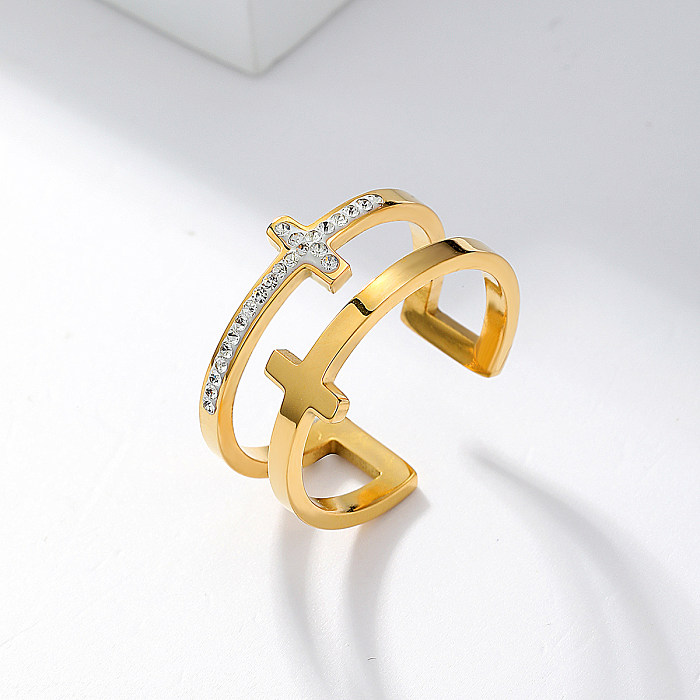 Wholesale Casual Modern Style Simple Style Cross Stainless Steel Asymmetrical Plating Inlay 18K Gold Plated Rhinestones Open Rings