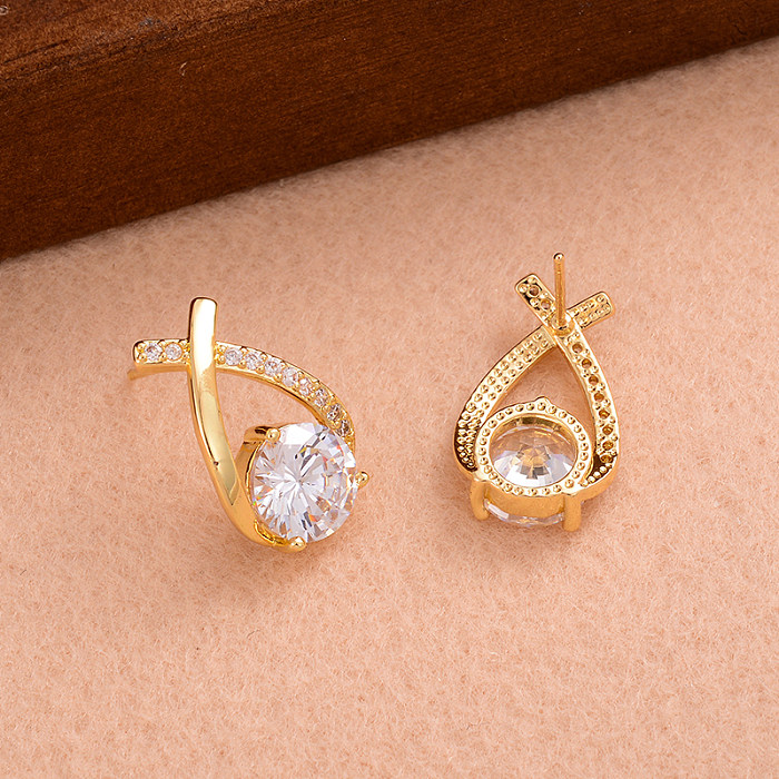 1 Pair IG Style Simple Style Cross Shape Round Plating Inlay Copper Zircon 14K Gold Plated Ear Studs