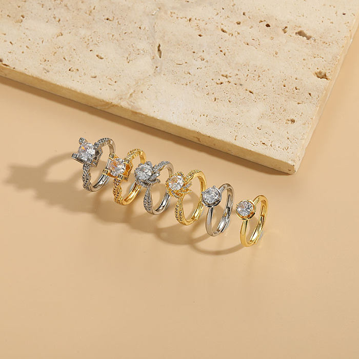 Elegante, luxuriöse, einfarbige Kupferplattierungs-Inlay-Zirkon-Ringe mit 14-Karat-Vergoldung