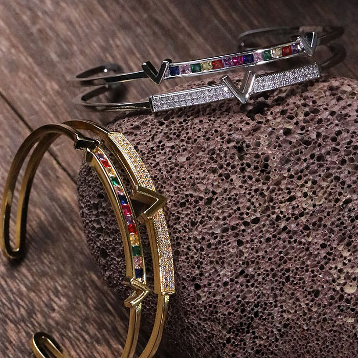 Lady Streetwear V Shape Copper Plating Inlay Zircon Cuff Bracelets