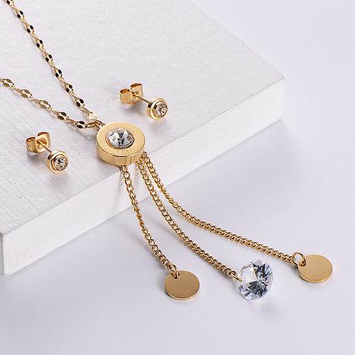 Mode Einfache Titan Stahl Diamant Römischen Ziffern Halskette Ohrringe Set