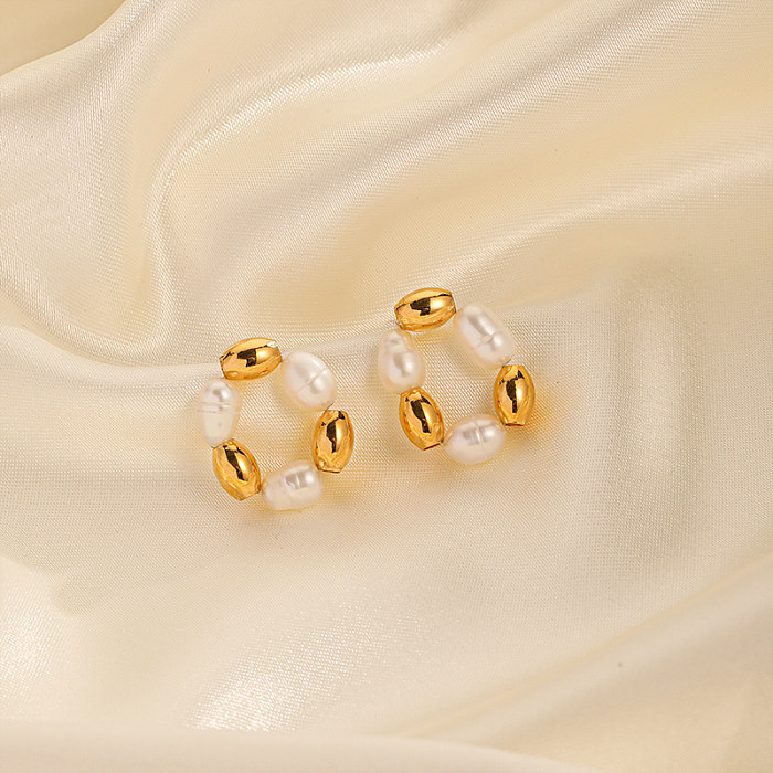 1 paire de clous d'oreilles plaqués or 18 carats, incrustation de perles de fleurs rondes élégantes et décontractées, en cuivre, perle d'eau douce