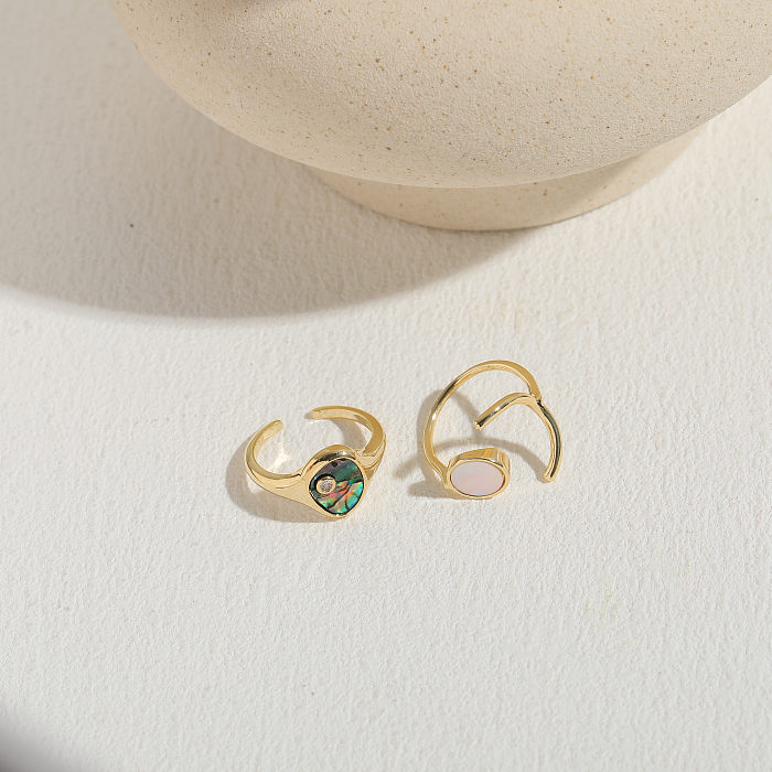 Elegant Luxurious Classic Style Geometric Copper Plating Inlay Shell Zircon 14K Gold Plated Open Ring