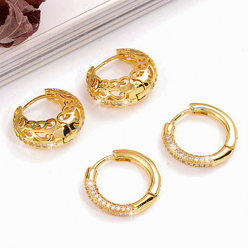 1 Pair IG Style Simple Style Round Plating Hollow Out Inlay Copper Zircon 18K Gold Plated Earrings