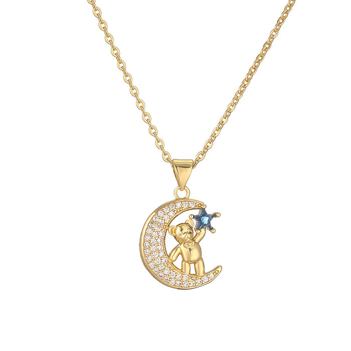 IG Style Style Simple petit ours étoile lune cuivre placage incrustation Zircon plaqué or pendentif collier