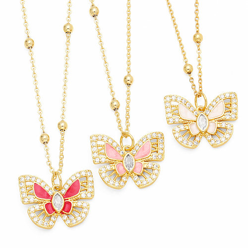 Halskette mit Anhänger im INS-Stil, Schmetterling, Kupfer-Email-Beschichtung, Inlay, Zirkon, 18 Karat vergoldet