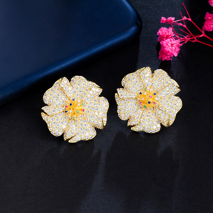 1 Pair Glam Wedding Shiny Round Plant Flower Plating Hollow Out Inlay Copper Zircon 18K Gold Plated Gold Plated Ear Studs