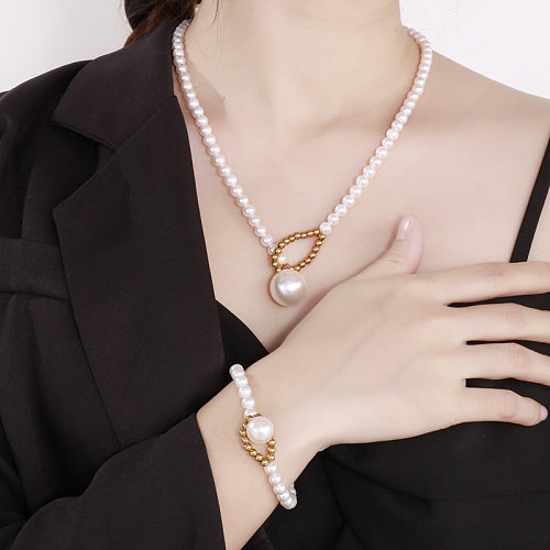 Mode Géométrique Acier Inoxydable Imitation Perle Bracelets de Perles Collier 1 Pièce