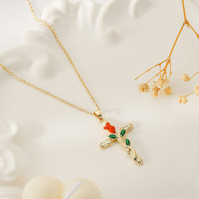Elegant Cross Flower Copper Enamel Plating Pendant Necklace