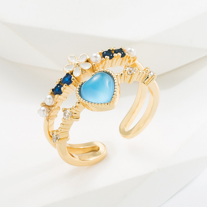 Elegante formato de coração flor cobre esmalte pérolas artificiais zircão anel aberto 1 peça