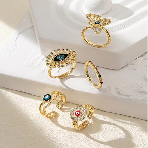 Casual Simple Style Devil'S Eye Copper Plating Inlay Zircon Gold Plated Open Ring