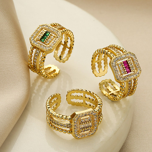Einfacher offener Ring im geometrischen, quadratischen, verkupferten Inlay-Zirkon-Stil mit 18-Karat-Vergoldung