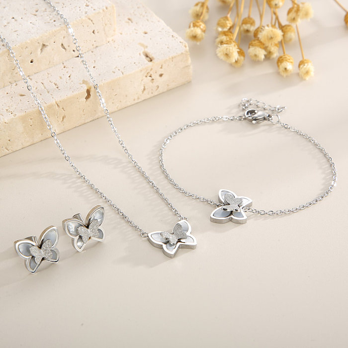 Elegant Streetwear Butterfly Titanium Steel Plating Inlay Shell 18K Gold Plated Bracelets Earrings Necklace