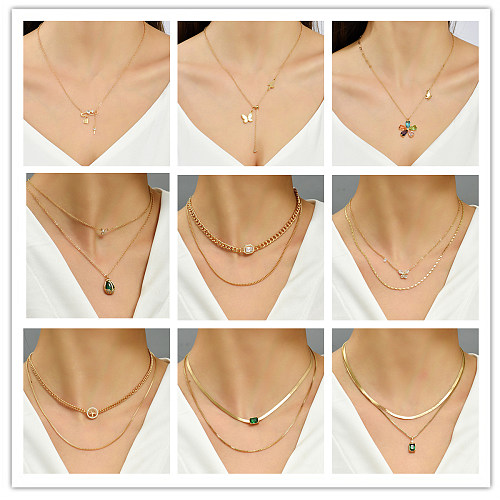 Fashion Flower Butterfly Copper Inlay Zircon Layered Necklaces 1 Piece