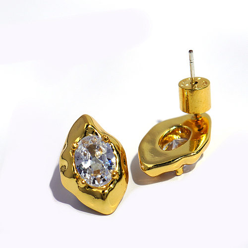 1 paire de clous d'oreilles en Zircon, incrustation ovale de Style Vintage, pierre naturelle en cuivre