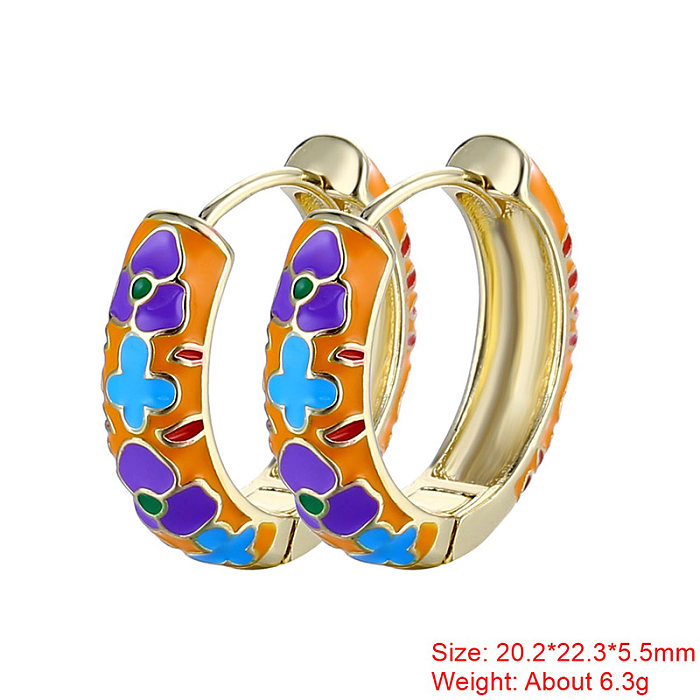 1 Pair Sweet Flower Enamel Plating Copper 18K Gold Plated Hoop Earrings