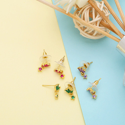 1 Pair Sweet Simple Style Leaves Copper Plating Inlay Zircon 18K Gold Plated Ear Studs