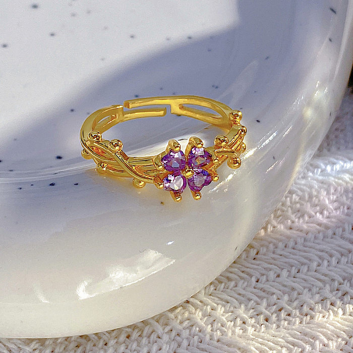 Senhora elegante estilo francês flor cobre incrustação de pedras preciosas artificiais anel aberto