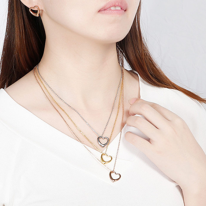 Hollow Heart-shaped Three-layer Necklace Clavicle Chain Earrings Set Titanium Steel Set