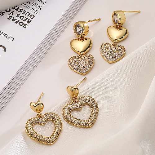 1 Paar einfacher Stil, klassischer Stil, Pendel-Ohrringe, Herzform, mit Inlay, Kupfer-Zirkon, 18 Karat vergoldet, Tropfenohrringe