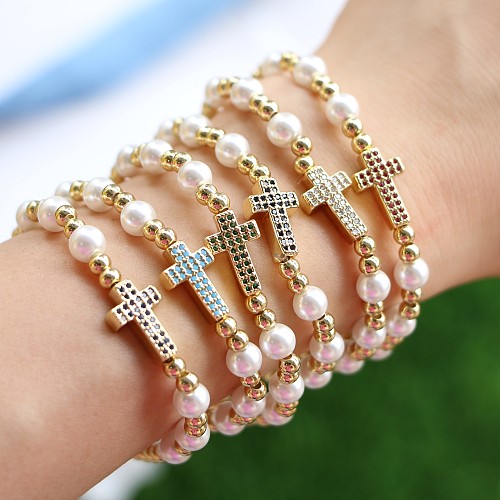 Bracelets de perles en cuivre avec croix à la mode, 1 pièce