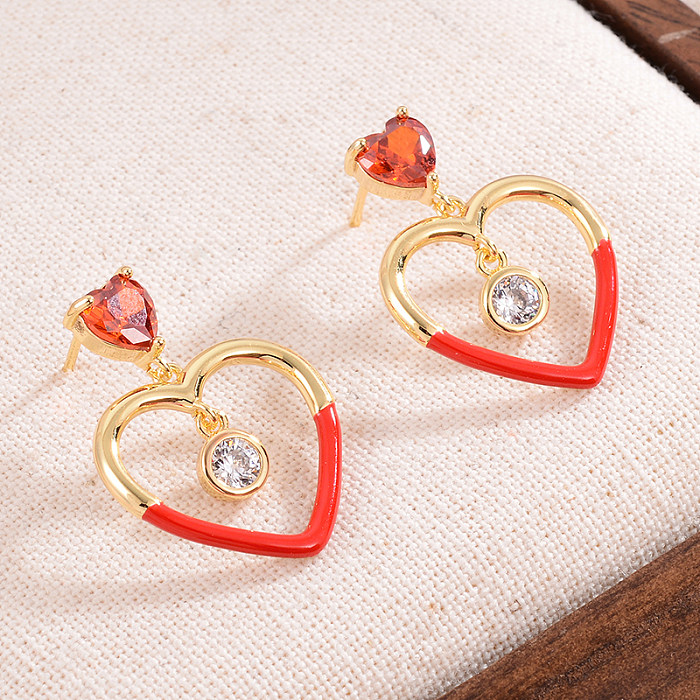 1 paire de boucles d'oreilles élégantes en forme de cœur, incrustation de cuivre et de Zircon plaqué or 14 carats