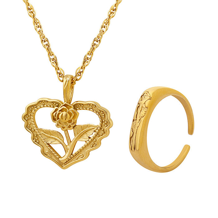 Fashion Heart Shape Flower Titanium Steel Plating Rings Necklace 1 Piece