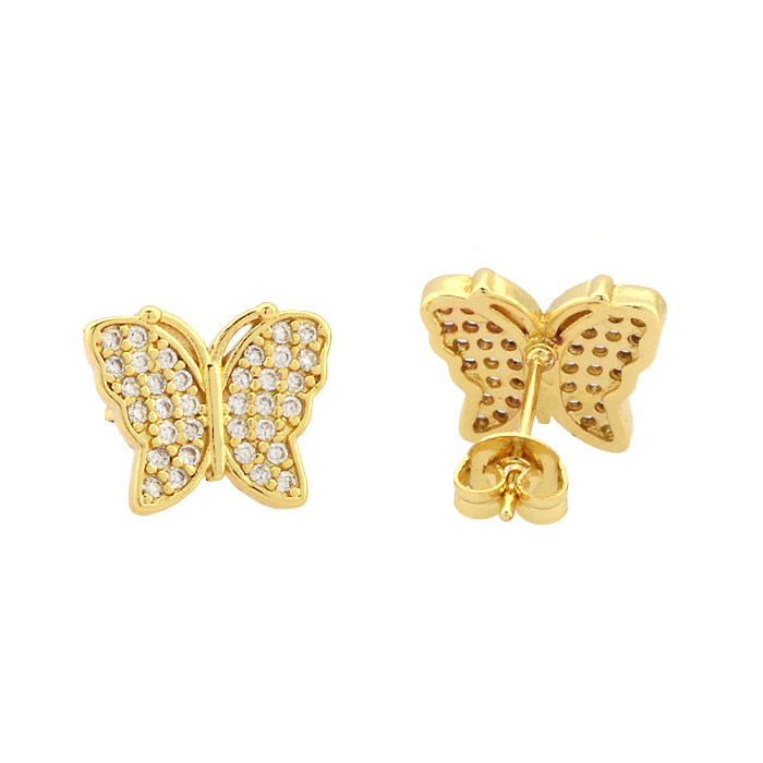 1 par de pendientes colgantes chapados en oro de 18K con incrustaciones de circonita de cobre y forma de corazón de estilo Simple con forma de flor y mariposa