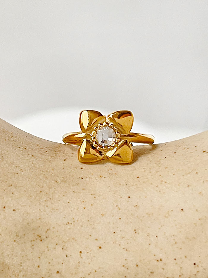 Sweet Simple Style Flower Stainless Steel Plating Inlay Rhinestones 18K Gold Plated Open Rings