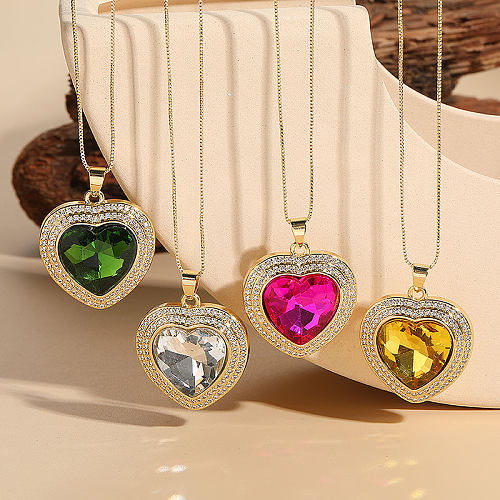 Elegant Luxurious Classic Style Heart Shape Copper Plating Inlay Zircon 14K Gold Plated Pendant Necklace