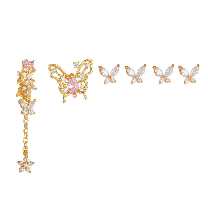 1 Set Sweet Butterfly Brass Asymmetrical Plating Inlay Zircon 18K Gold Plated Ear Studs