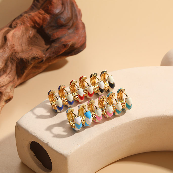 1 Pair Elegant Luxurious Classic Style Stripe Asymmetrical Enamel Plating Copper 14K Gold Plated Hoop Earrings