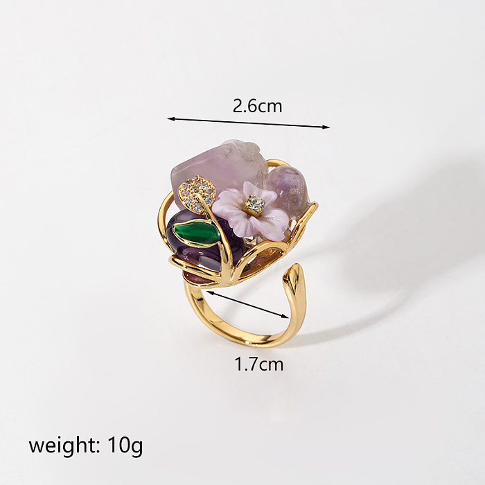Offene Ringe mit Retro-Pendelblume, Kupferbeschichtung, Inlay, Amethyst-Zirkon, 18 Karat vergoldet