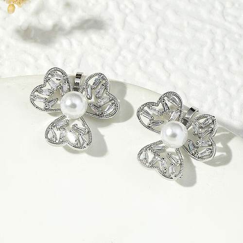 1 Pair Glam Flower Inlay Copper Artificial Pearls Zircon Ear Studs