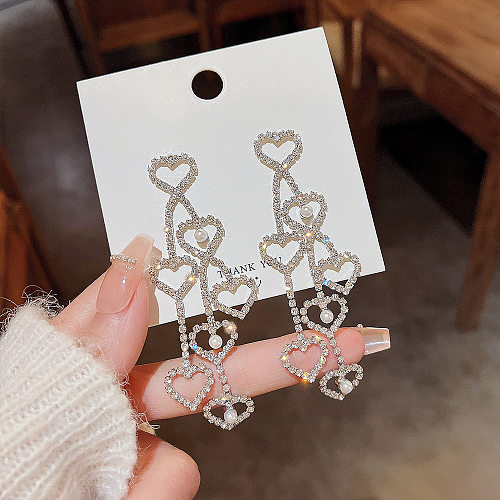 Fashion Heart Shape Copper Rhinestone Pearl Diamond Artificial Gemstones Drop Earrings 1 Pair