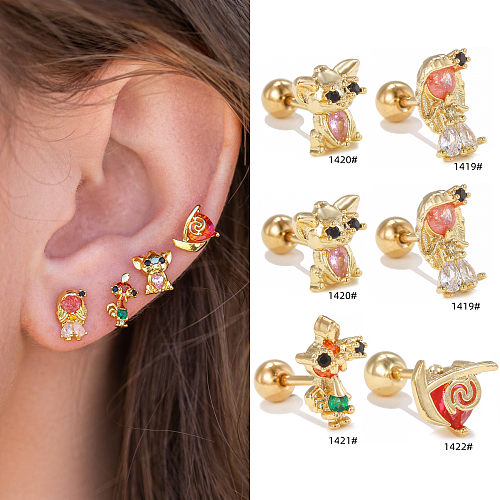 1 Piece IG Style Simple Style Human Geometric Animal Plating Inlay Brass Zircon 18K Gold Plated White Gold Plated Ear Studs