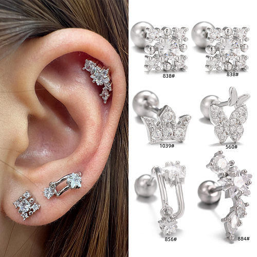 1 pièce IG Style Simple Style géométrique papillon placage incrustation en laiton Zircon plaqué or 18K plaqué or blanc clous d'oreilles