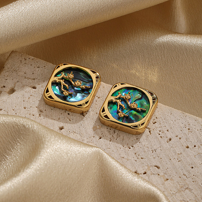 1 Pair Retro Square Plating Inlay Copper Shell 18K Gold Plated Ear Studs