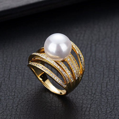 Baroque Style French Style Lines Copper Plating Hollow Out Inlay Artificial Pearls Zircon 18K Gold Plated Rings