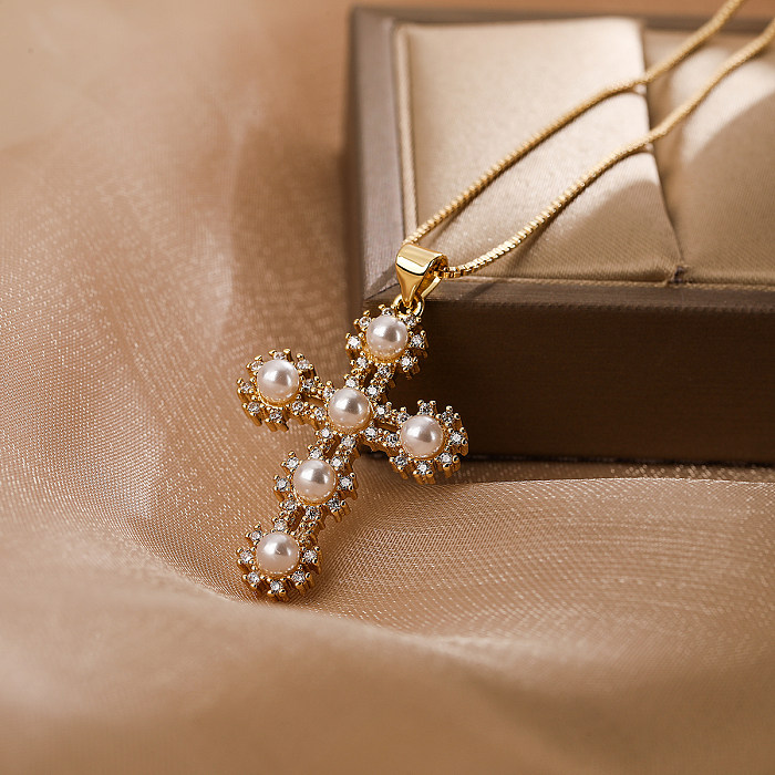 Casual Simple Style Cross Copper Plating Inlay Artificial Pearls Zircon 18K Gold Plated Pendant Necklace