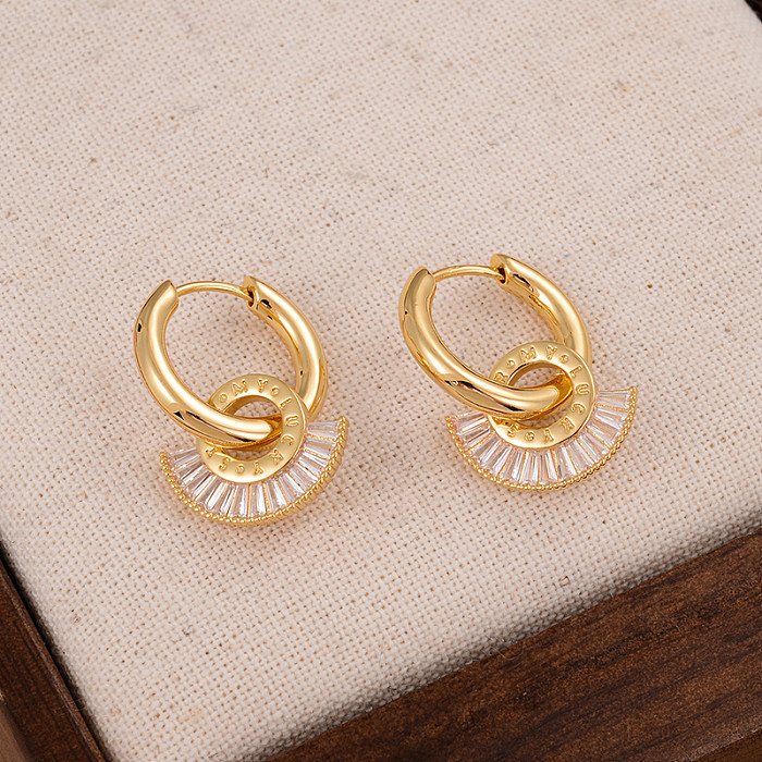 1 Pair Glam Simple Style Sector Plating Inlay Copper Zircon 14K Gold Plated Earrings