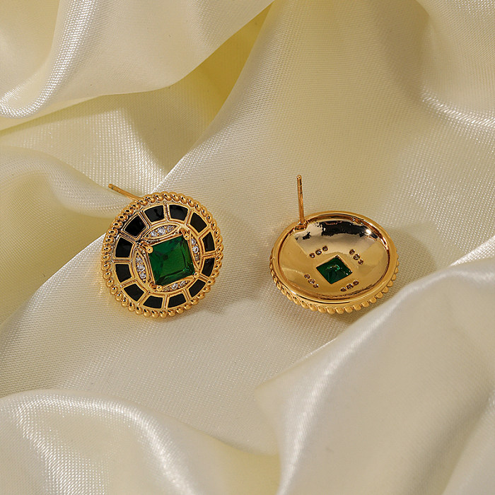 1 paire de clous d'oreilles plaqués or 18 carats, Style Simple, incrustation ronde en cuivre et Zircon