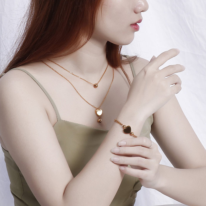 18K Popular Simple Stainless Steel Double Heart Necklace Bracelet Set Wholesale jewelry